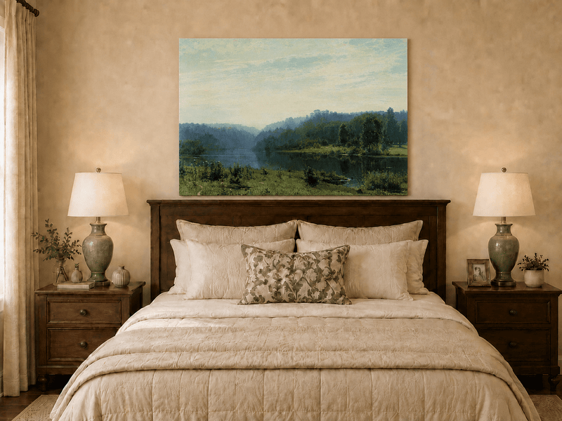 Unframed hand-painted misty lake oil painting with a forested shore and distant hills displayed above a wooden bed in a neutral bedroom.