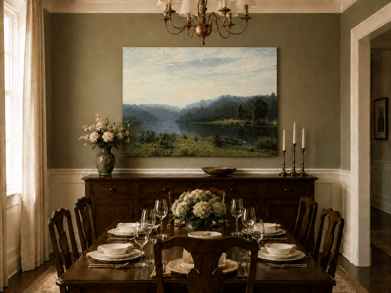 Unframed hand-painted misty lake oil painting with a forested shore and distant hills displayed above a formal dining table.