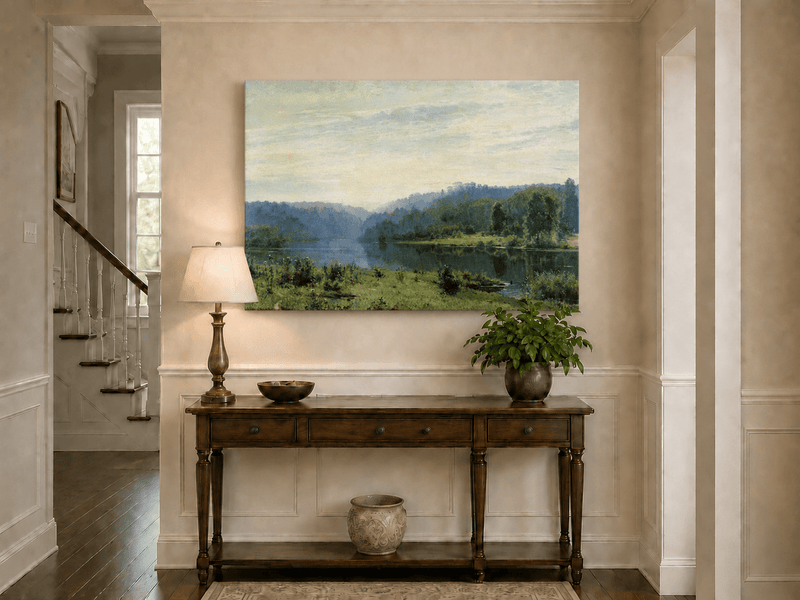Unframed hand-painted misty lake oil painting with a forested shore and distant hills displayed above an entryway console table.