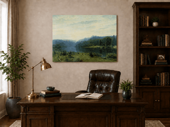 Unframed hand-painted misty lake oil painting with a forested shore and distant hills displayed above a traditional home office desk.