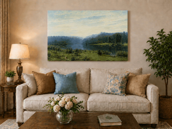 Unframed hand-painted misty lake oil painting with a forested shore and distant hills displayed above a neutral living room sofa.