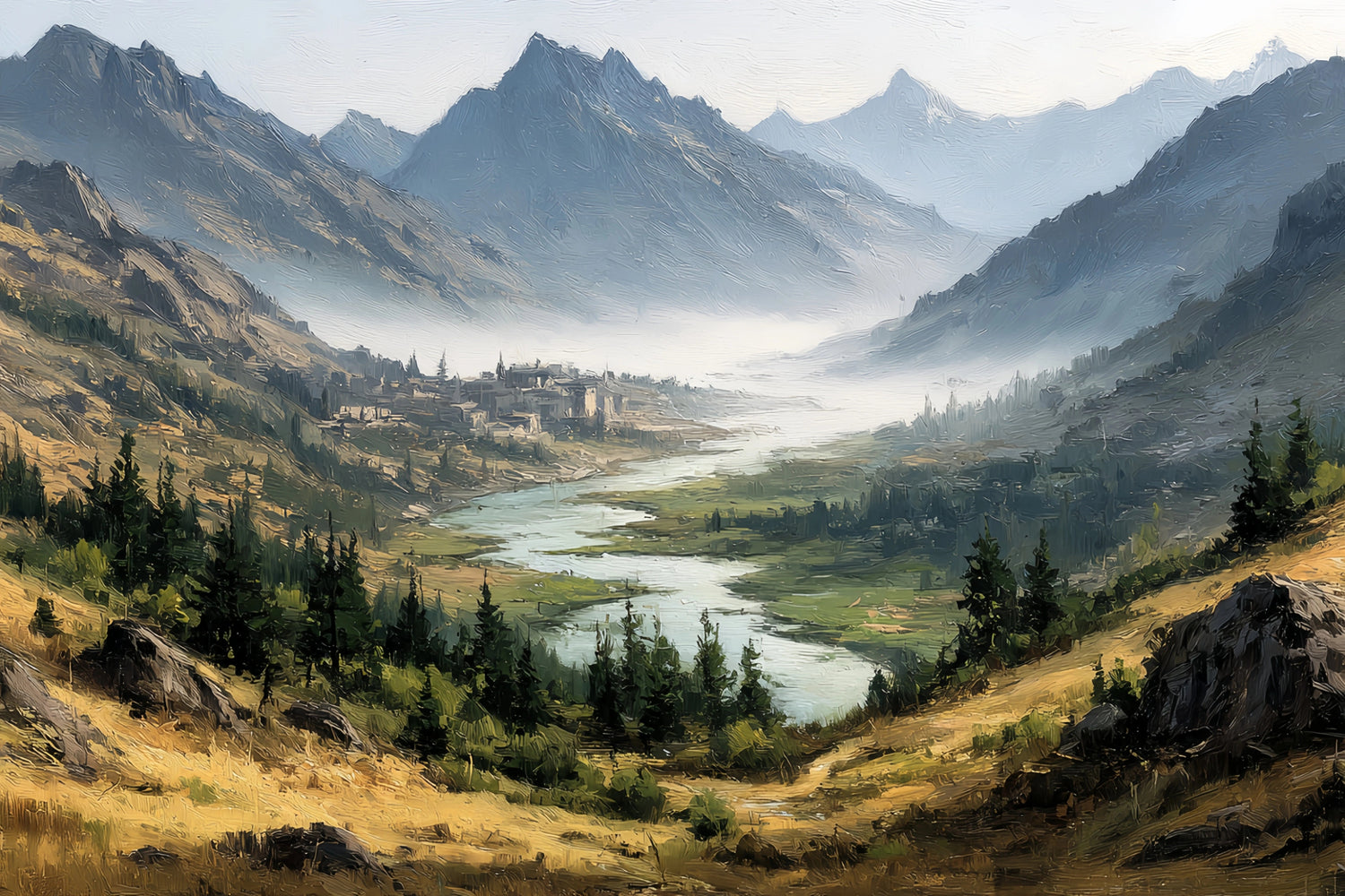 Misty Mountain Valley Original Oil Painting For Sale | Serene Art - Oil Painting Haven
