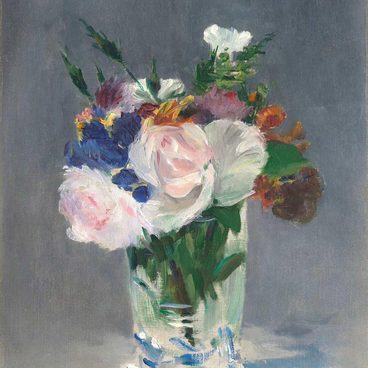 Mixed Bouquet in Glass Vase on Gray Background - Floral Oil Painting - Oil Painting Haven