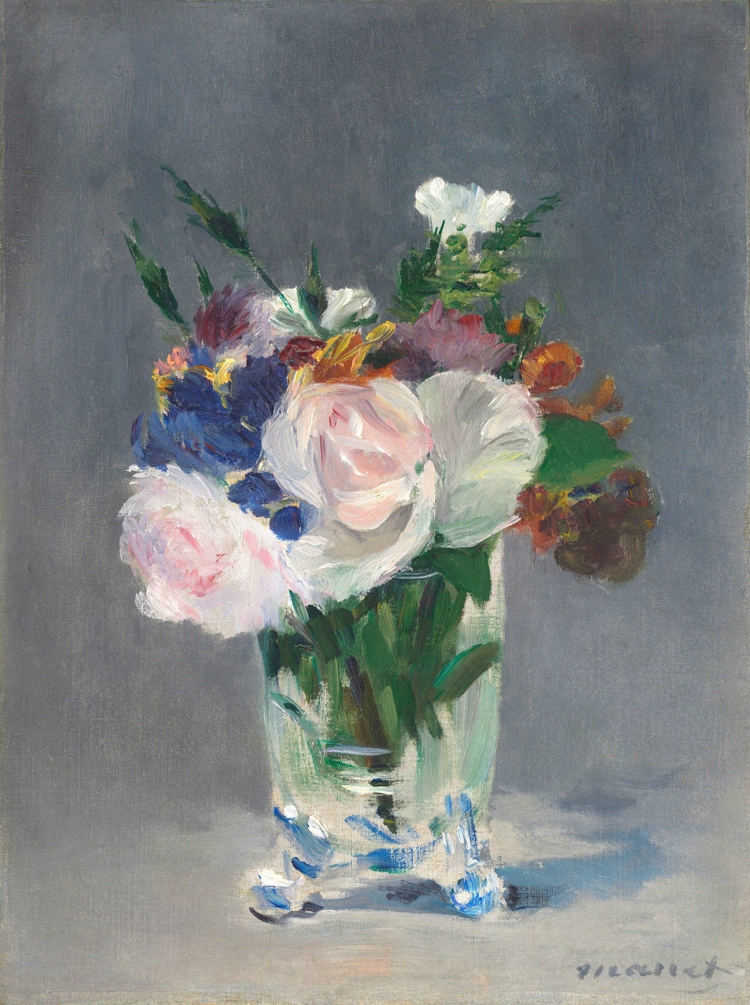 Mixed Bouquet in Glass Vase on Gray Background - Floral Oil Painting - Oil Painting Haven