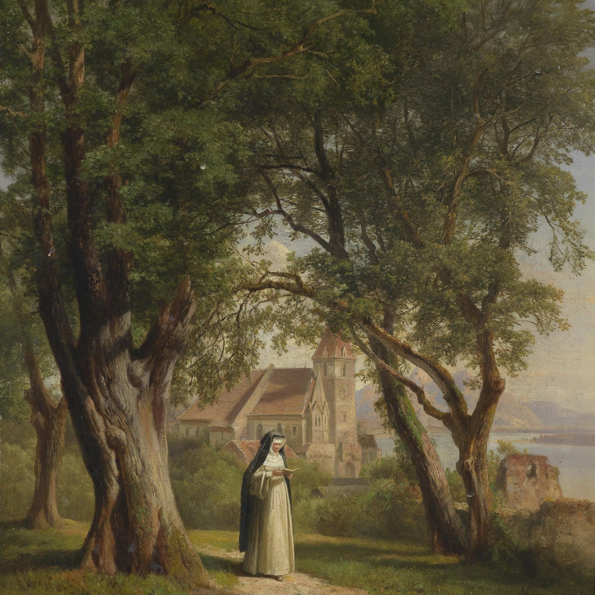 Monastic Path with Church and Trees – Landscape Oil Painting - Oil Painting Haven