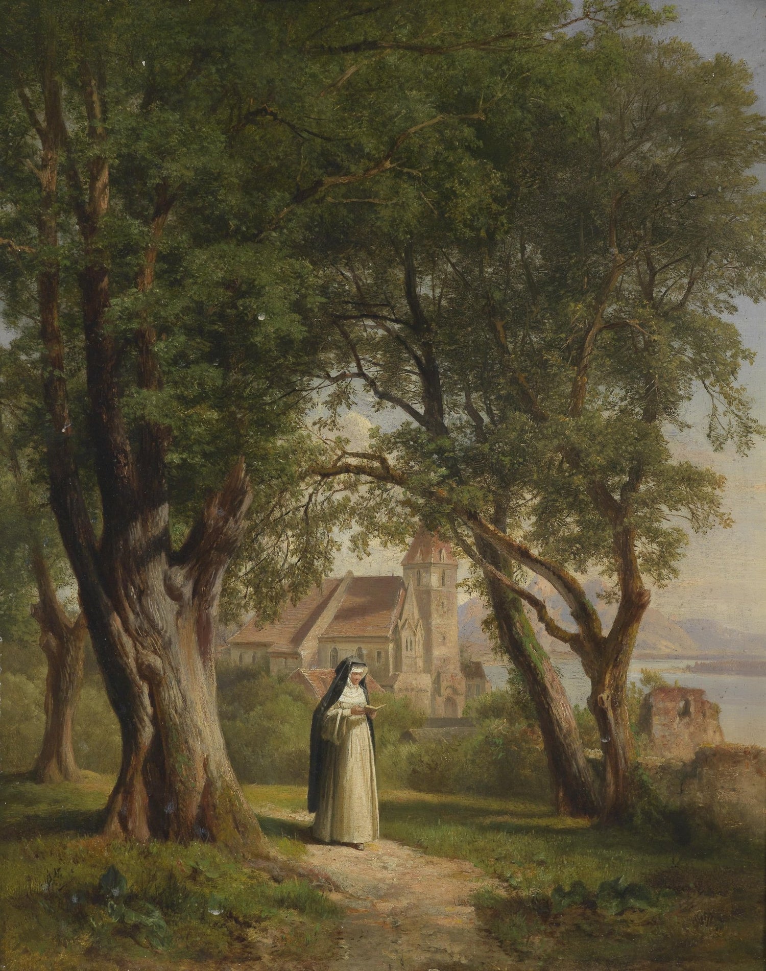 Monastic Path with Church and Trees – Landscape Oil Painting - Oil Painting Haven