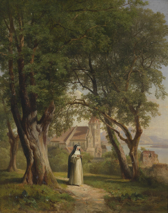 Monastic Path with Church and Trees – Landscape Oil Painting - Oil Painting Haven