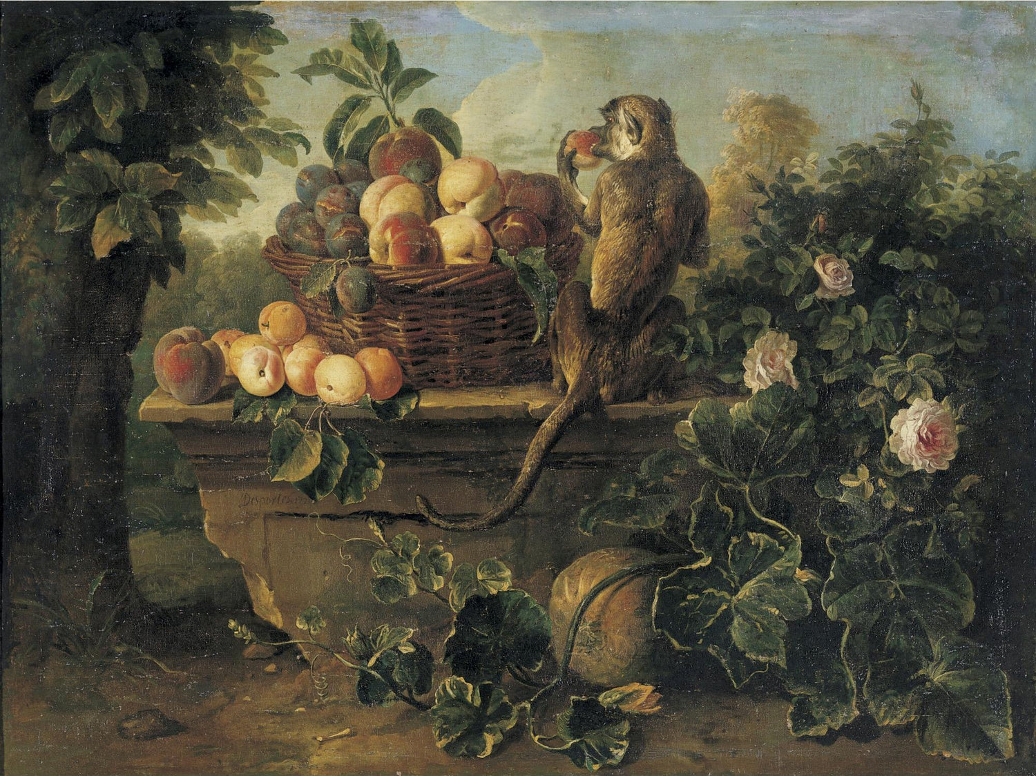 Monkey with Basket of Fruit - Still Life Oil Painting - Oil Painting Haven
