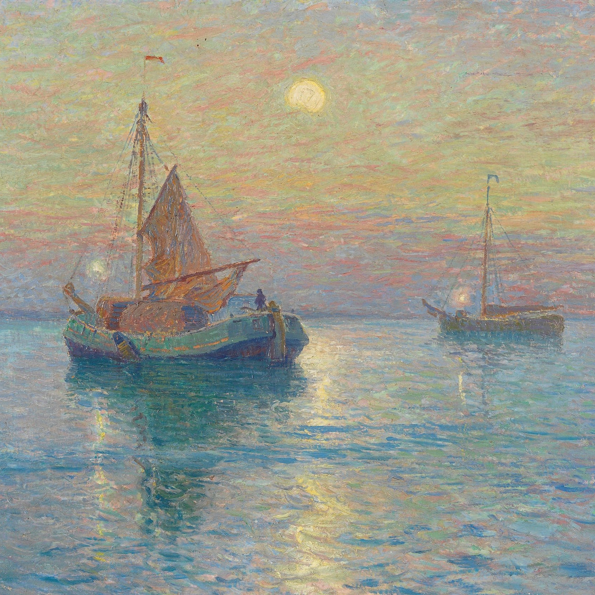 Hand-painted moonlit boats on calm sea nautical oil painting on canvas