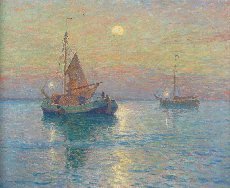 Hand-painted moonlit boats on calm sea nautical oil painting on canvas