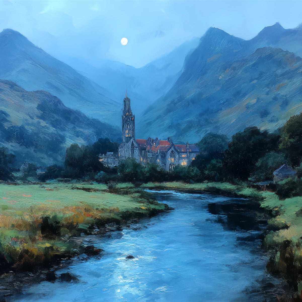 Moonlit Castle Mountain Valley Original Oil Painting For Sale - Oil Painting Haven