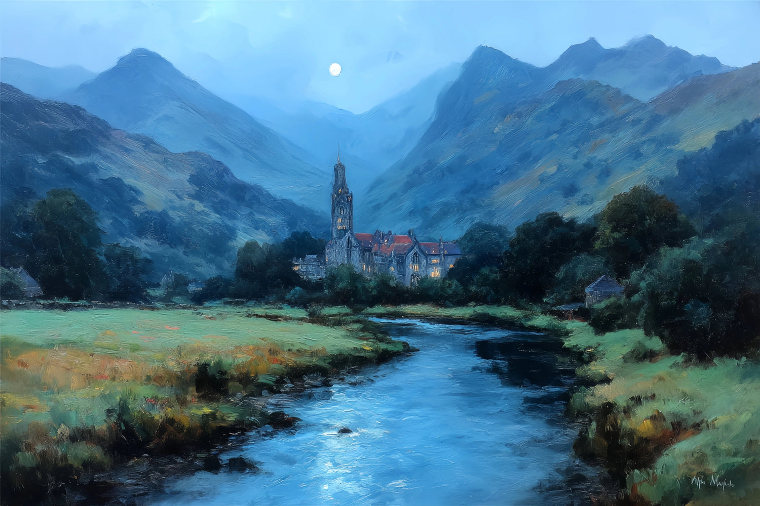 Moonlit Castle Mountain Valley Original Oil Painting For Sale - Oil Painting Haven