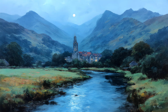 Moonlit Castle Mountain Valley Original Oil Painting For Sale - Oil Painting Haven