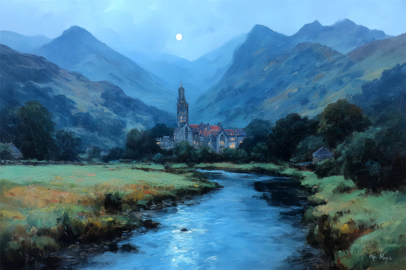 Moonlit Castle Mountain Valley Original Oil Painting For Sale - Oil Painting Haven