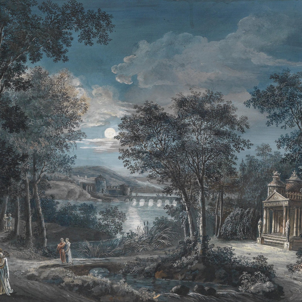 Moonlit Classical Landscape Oil Painting with Bridge and Temple - Oil Painting Haven