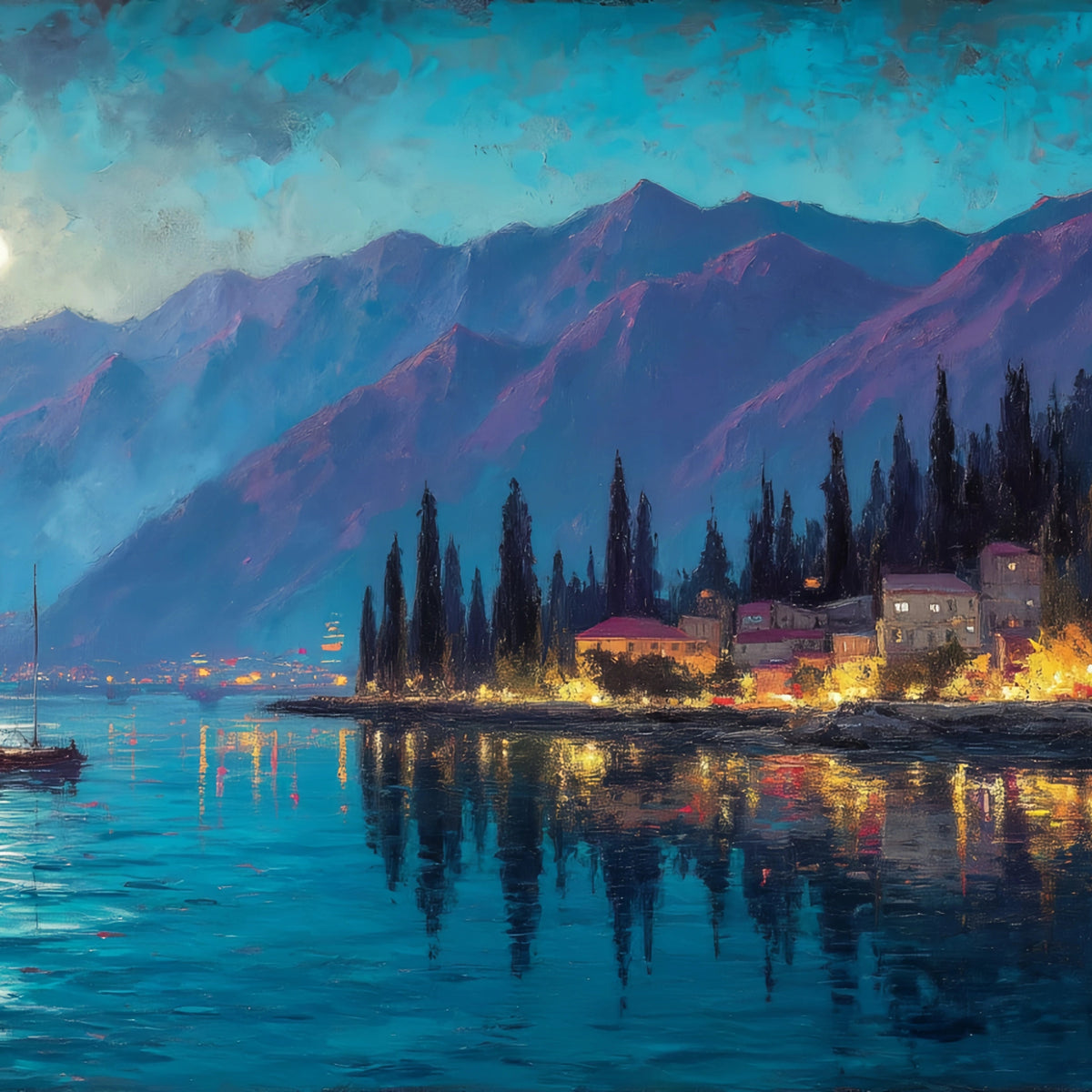 Moonlit Coastal Town Original Oil Painting For Sale | Nightscape - Oil Painting Haven
