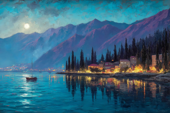 Moonlit Coastal Town Original Oil Painting For Sale | Nightscape - Oil Painting Haven