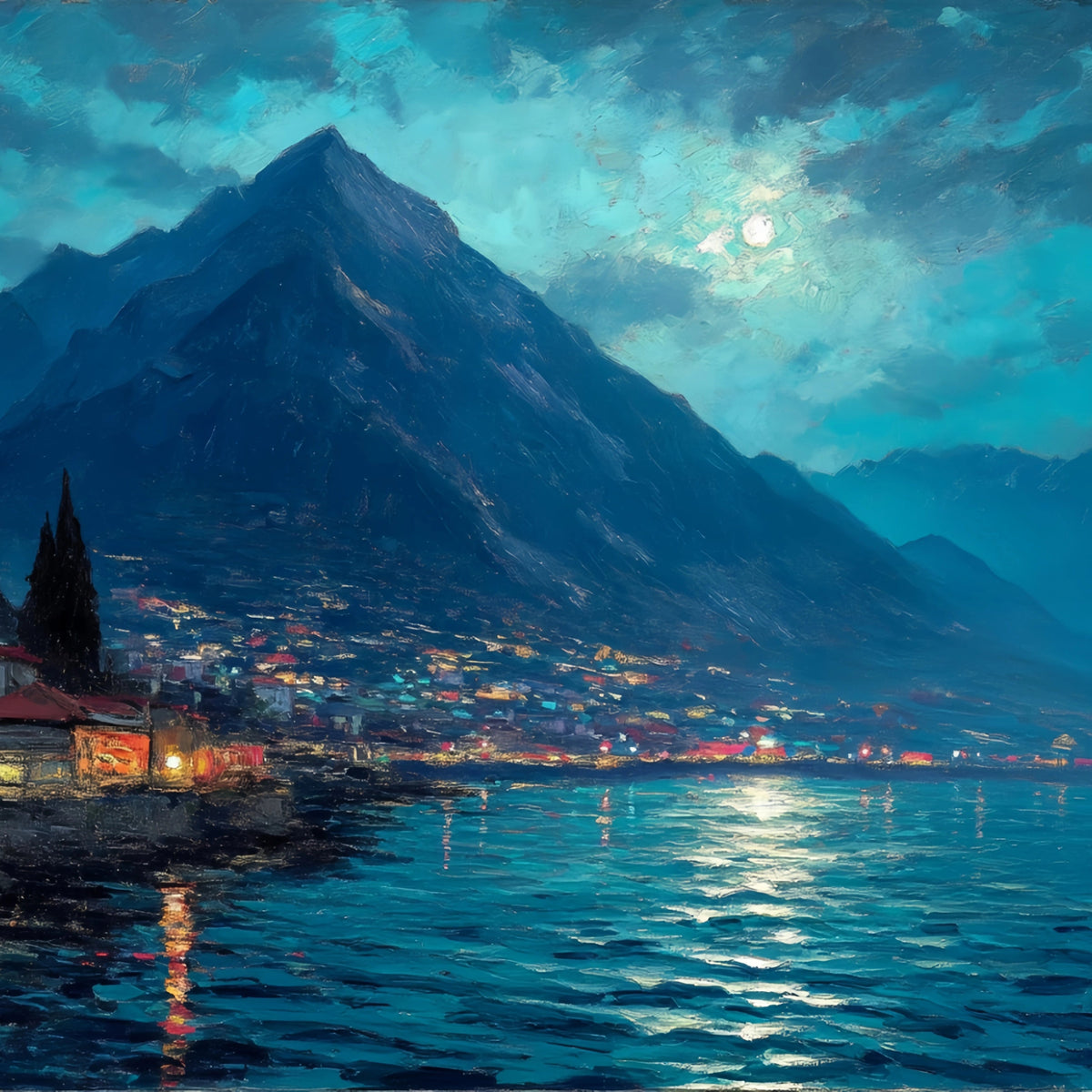 Moonlit Coastal Town Original Oil Painting For Sale | Seascape - Oil Painting Haven