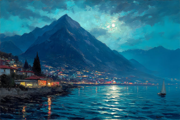 Moonlit Coastal Town Original Oil Painting For Sale | Seascape - Oil Painting Haven