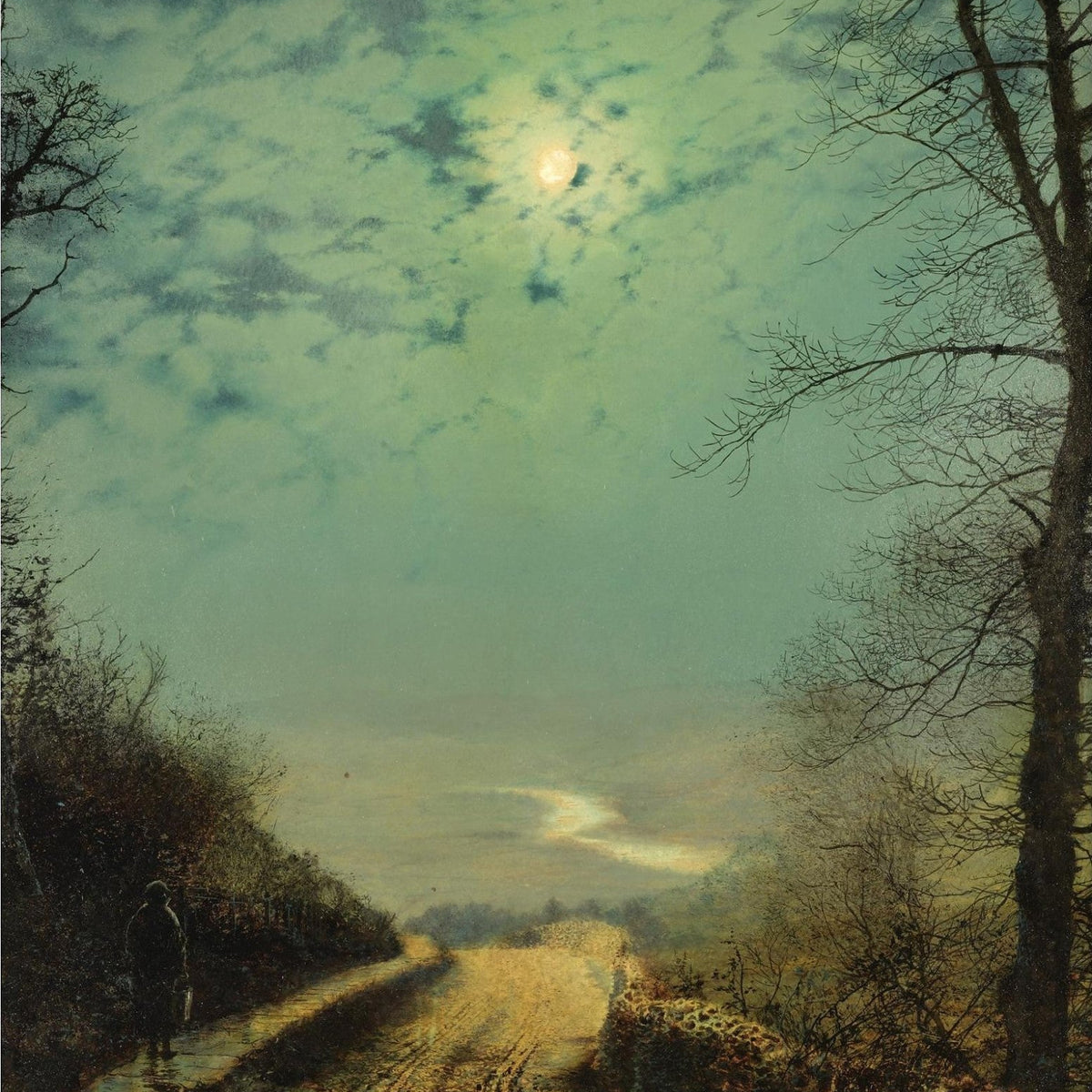 Hand-painted moonlit country road after rain landscape oil painting on canvas