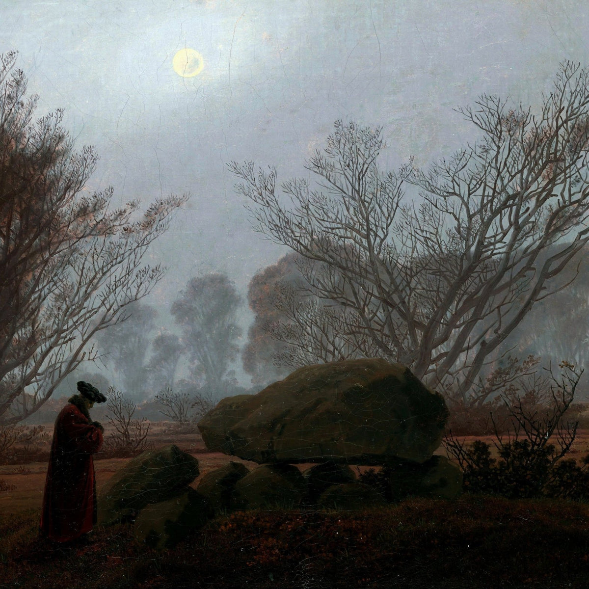 Moonlit Forest Dusk Scene with Solitary Figure - Landscape Oil Painting - Oil Painting Haven