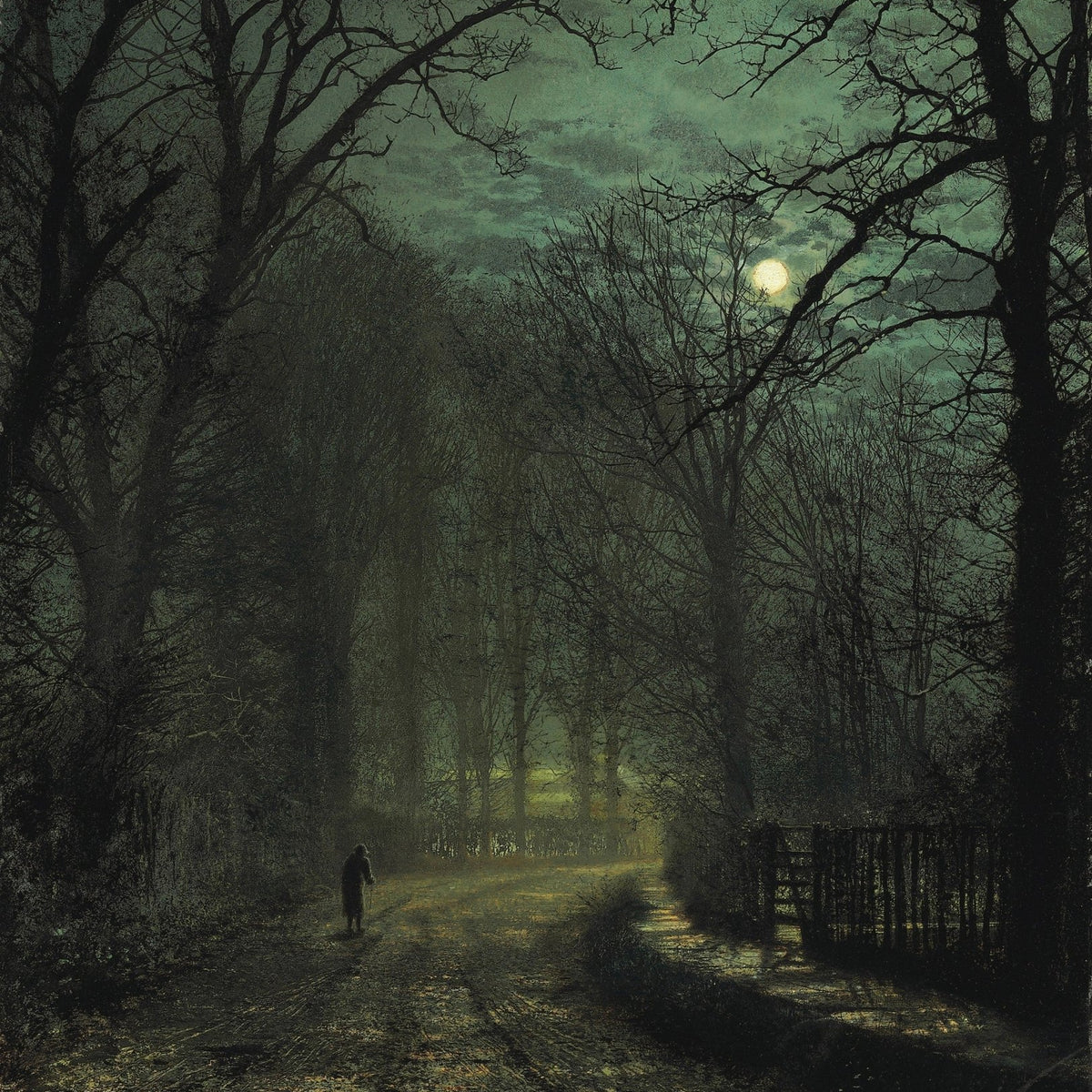 Hand-painted moonlit forest lane with lone figure landscape oil painting on canvas