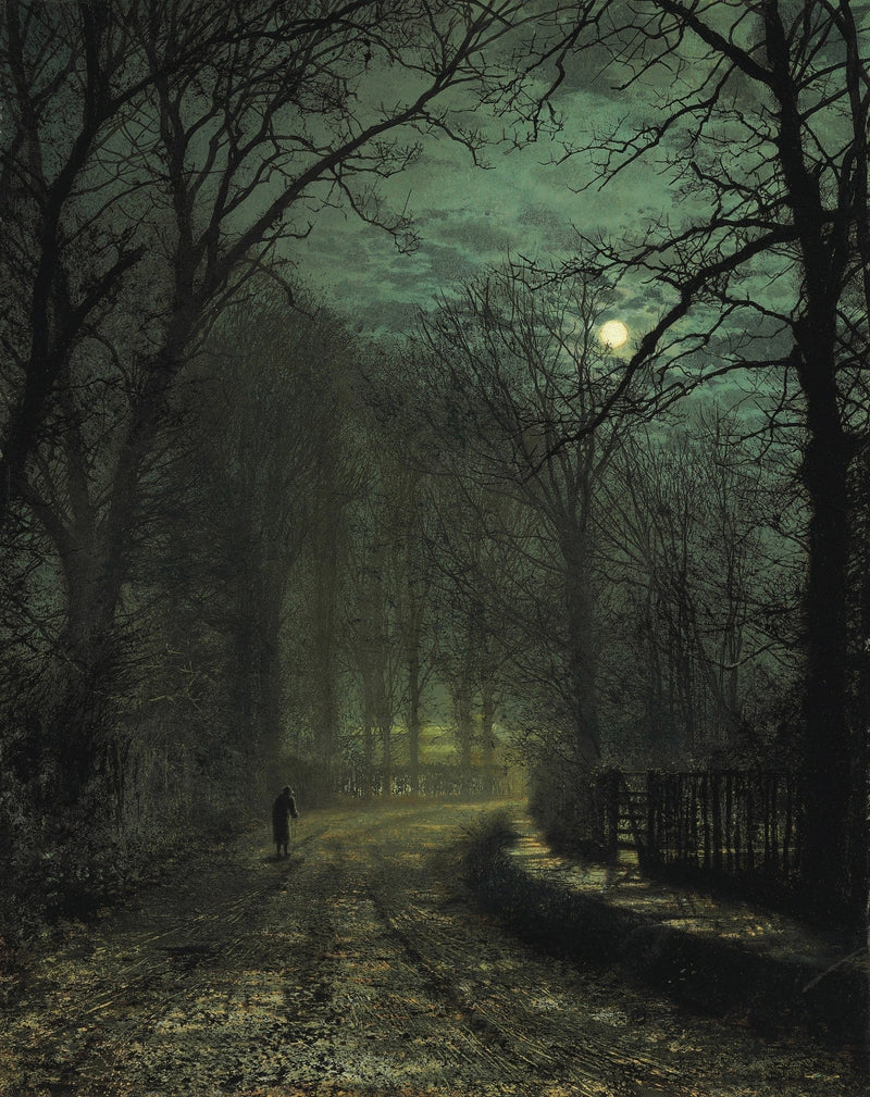 Hand-painted moonlit forest lane with lone figure landscape oil painting on canvas