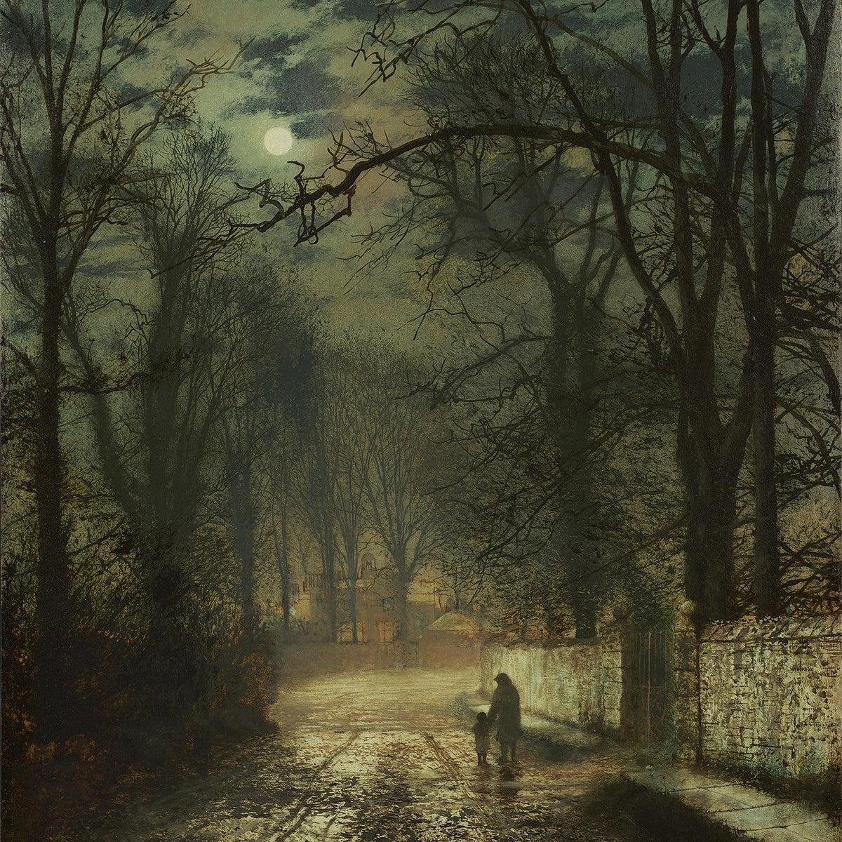 Hand-painted moonlit forest road with figures landscape oil painting on canvas