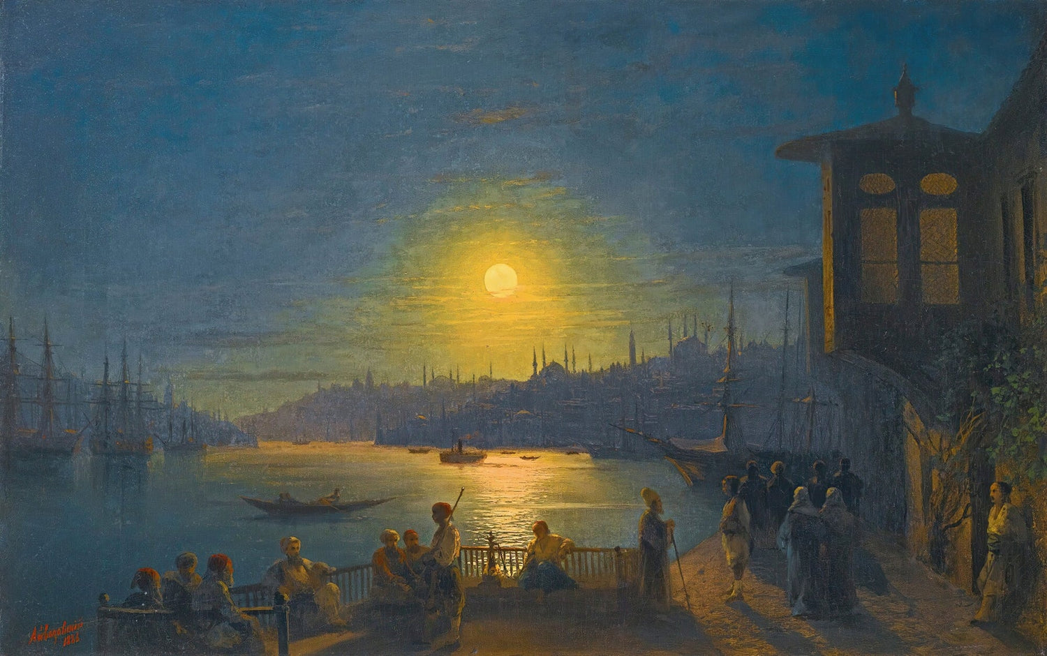 Moonlit Harbor and City Skyline - Landscape Oil Painting - Oil Painting Haven