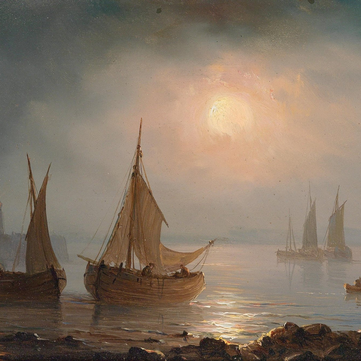Hand-painted moonlit harbor with fishing boats nautical oil painting on canvas