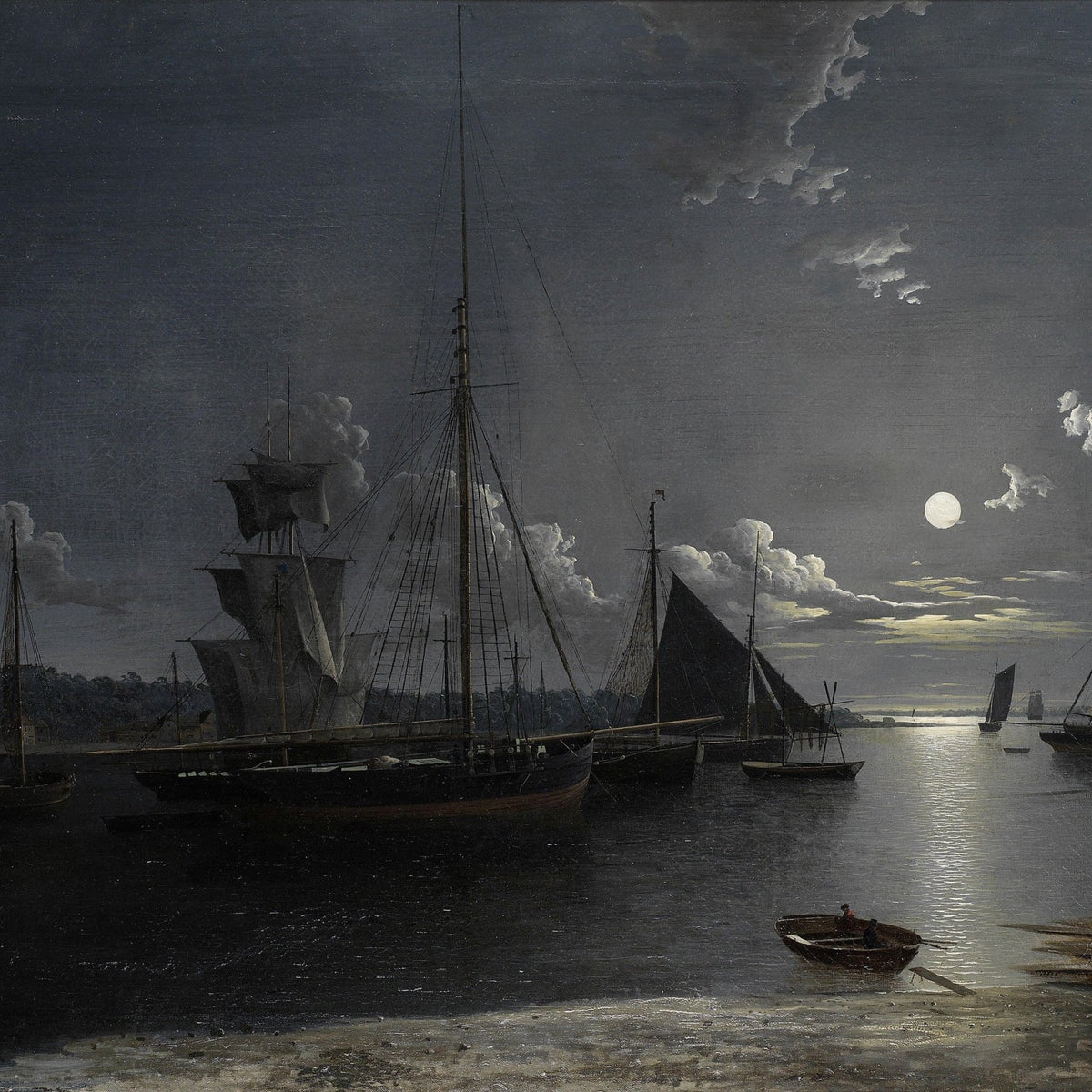 Moonlit Harbor with Sailing Ships at Night – Landscape Oil Painting - Oil Painting Haven