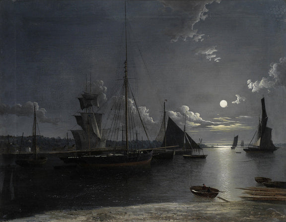 Moonlit Harbor with Sailing Ships at Night – Landscape Oil Painting - Oil Painting Haven