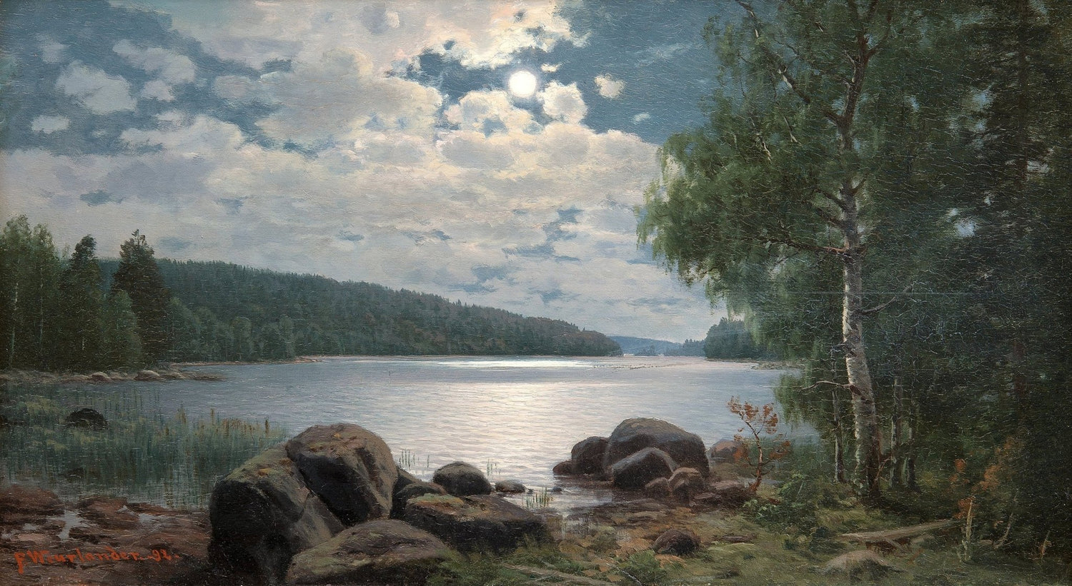 Moonlit Lakeside, Forest Reflections – Landscape Oil Painting - Oil Painting Haven