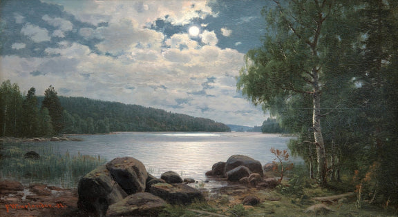 Moonlit Lakeside, Forest Reflections – Landscape Oil Painting - Oil Painting Haven