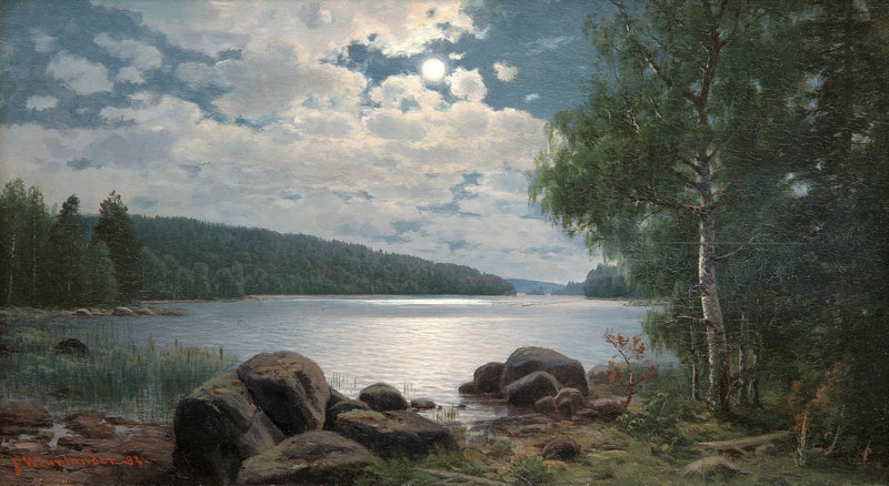 Moonlit Lakeside, Forest Reflections – Landscape Oil Painting - Oil Painting Haven