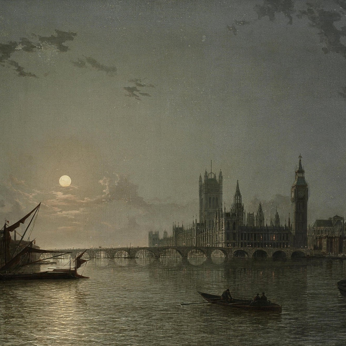 Moonlit London River with Westminster – Landscape Oil Painting - Oil Painting Haven