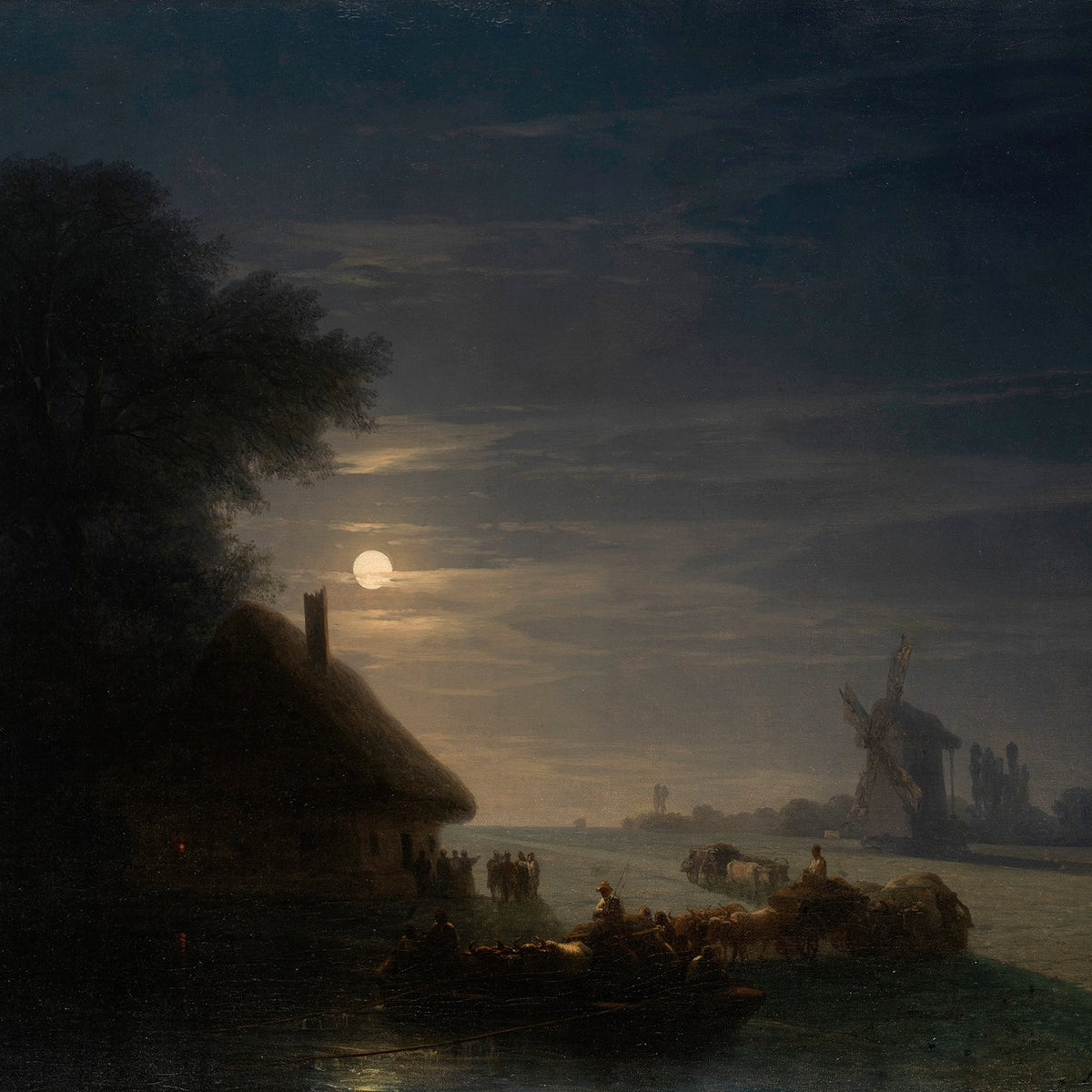 Hand-painted moonlit river and windmill village landscape oil painting on canvas