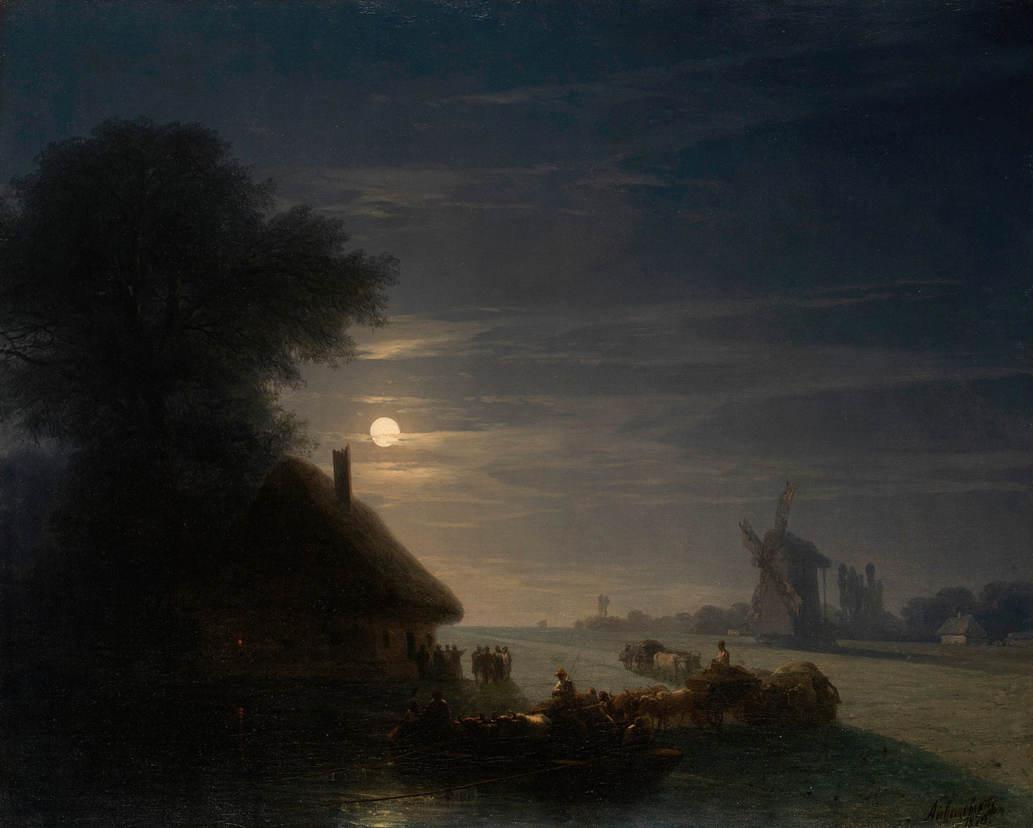 Moonlit River and Windmill Village - Landscape Oil Painting - Oil Painting Haven