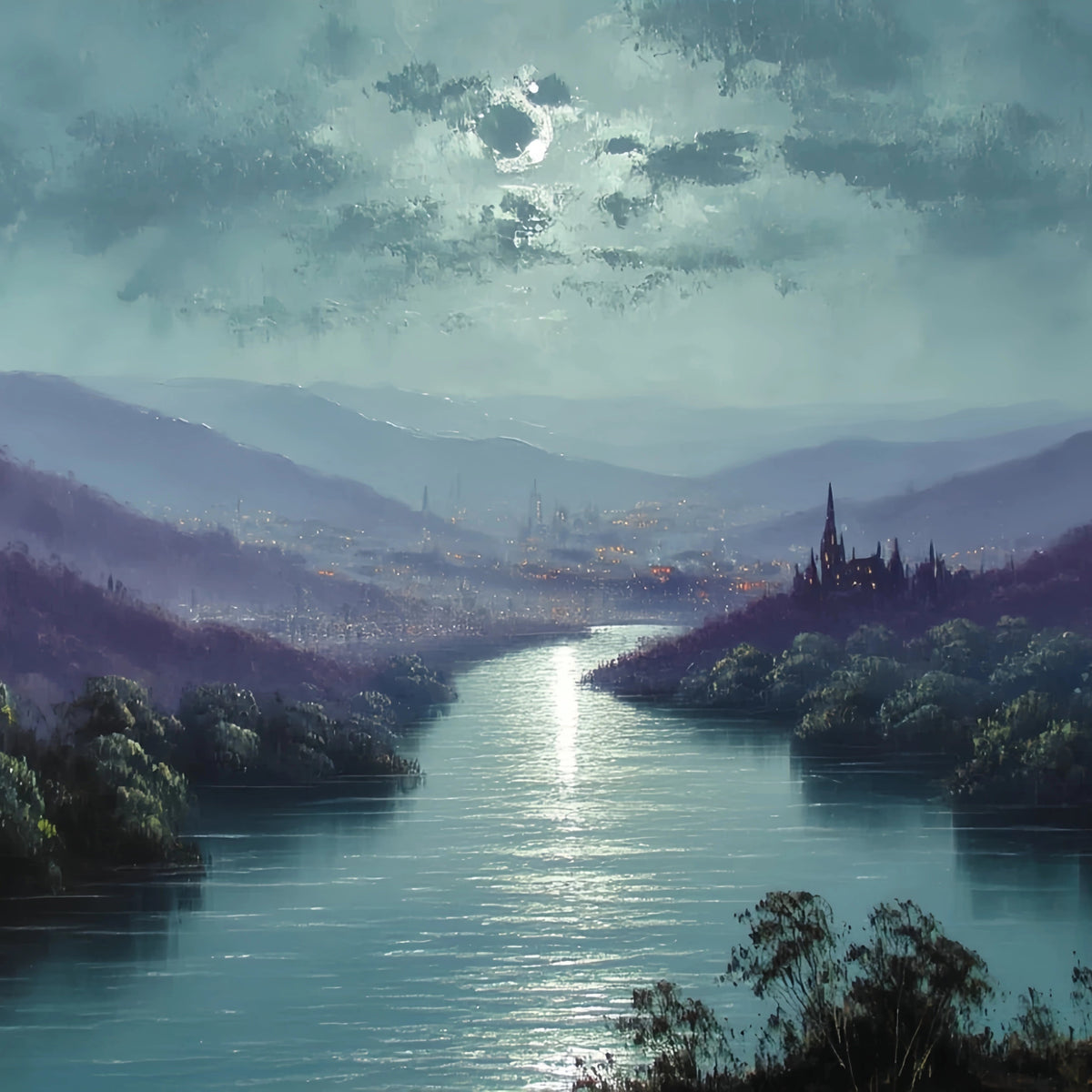 Moonlit River Castle Original Oil Painting For Sale - Oil Painting Haven