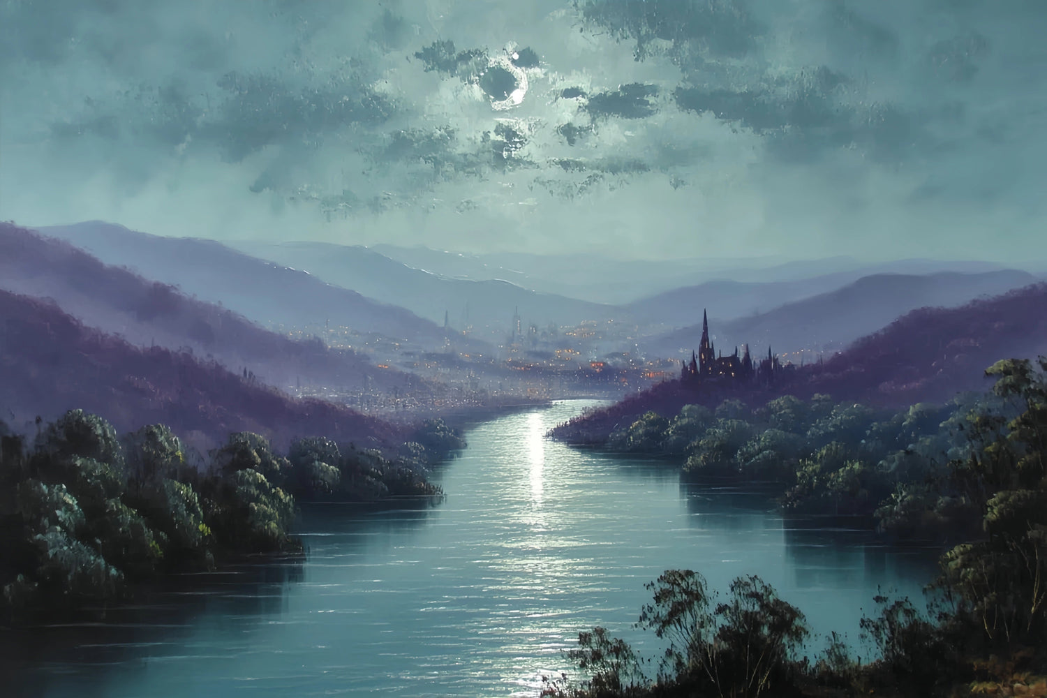 Moonlit River Castle Original Oil Painting For Sale - Oil Painting Haven