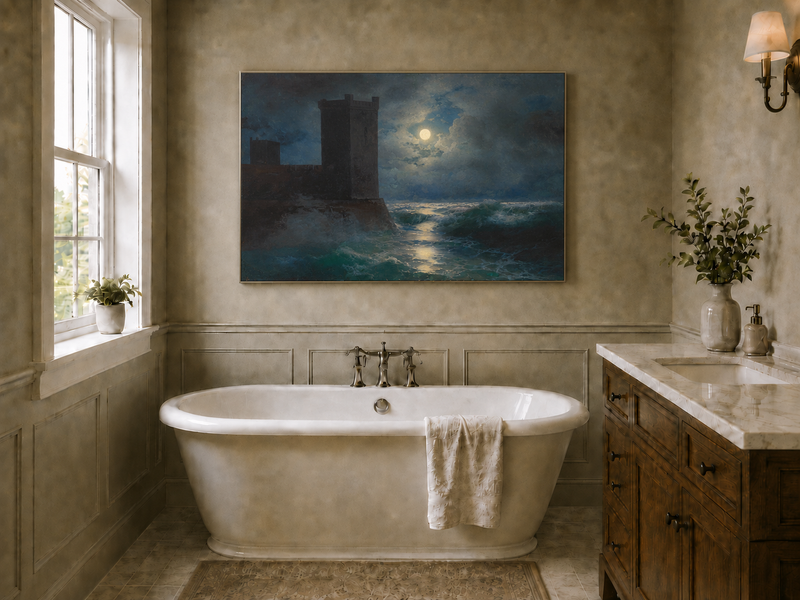 Hand-painted moonlit sea and coastal castle landscape oil painting displayed in a bathroom interior above a bathtub.