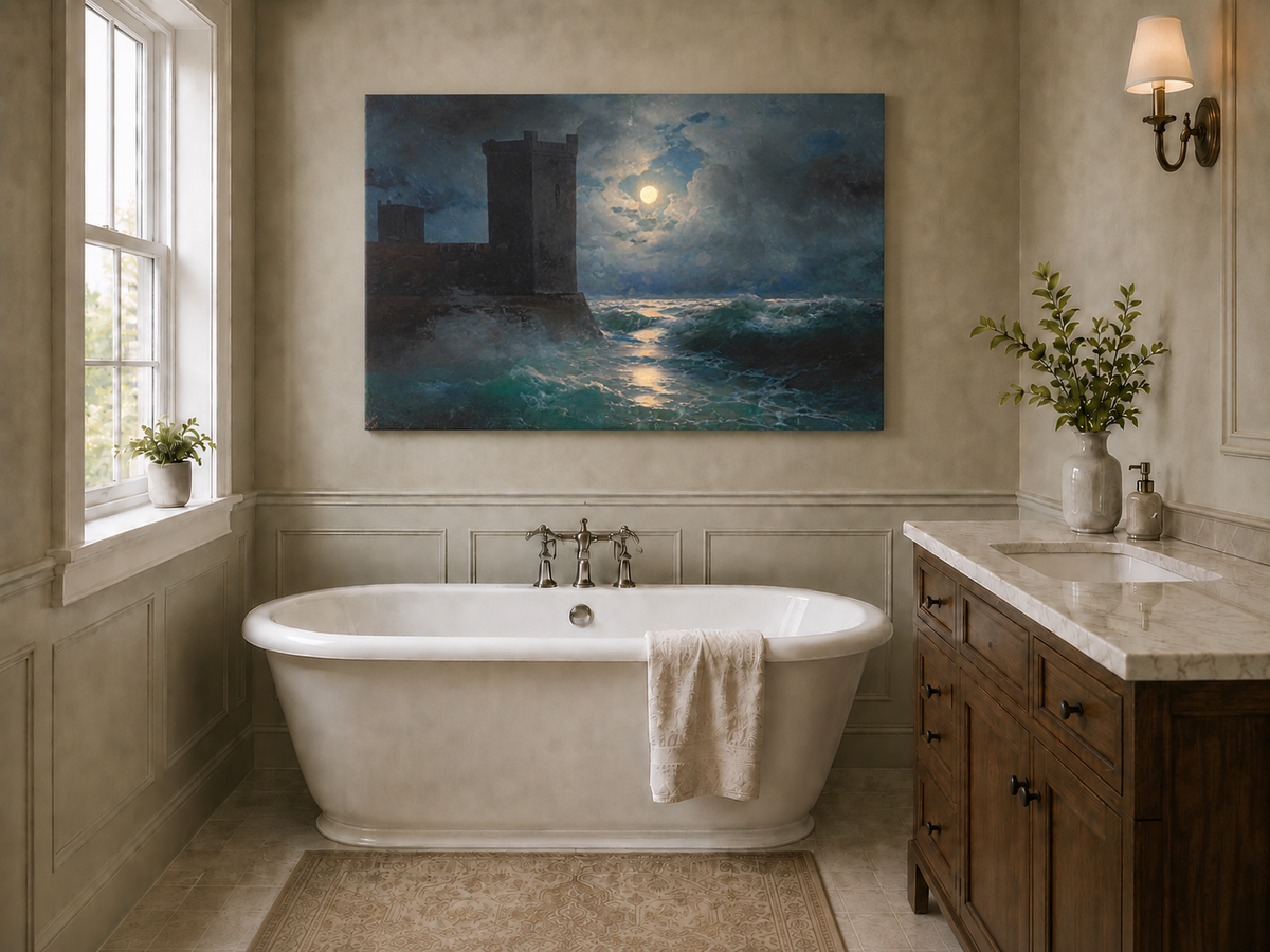 Hand-painted moonlit sea and coastal castle landscape oil painting displayed in a bathroom interior above a bathtub.