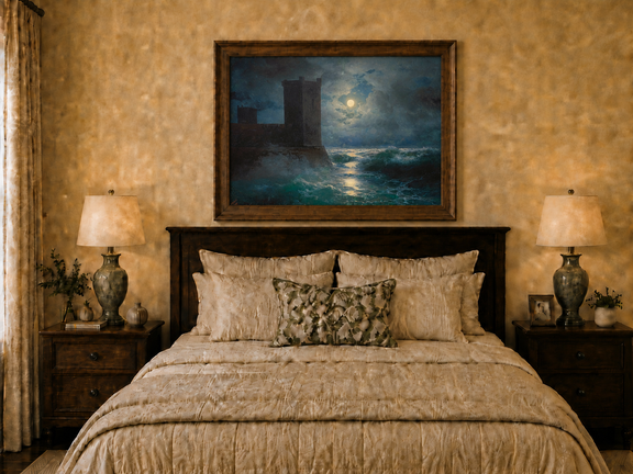 Hand-painted moonlit sea and coastal castle landscape oil painting displayed above a bed in a bedroom interior.