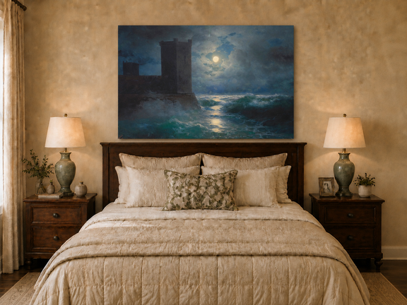 Hand-painted moonlit sea and coastal castle landscape oil painting displayed above a bed in a bedroom interior.