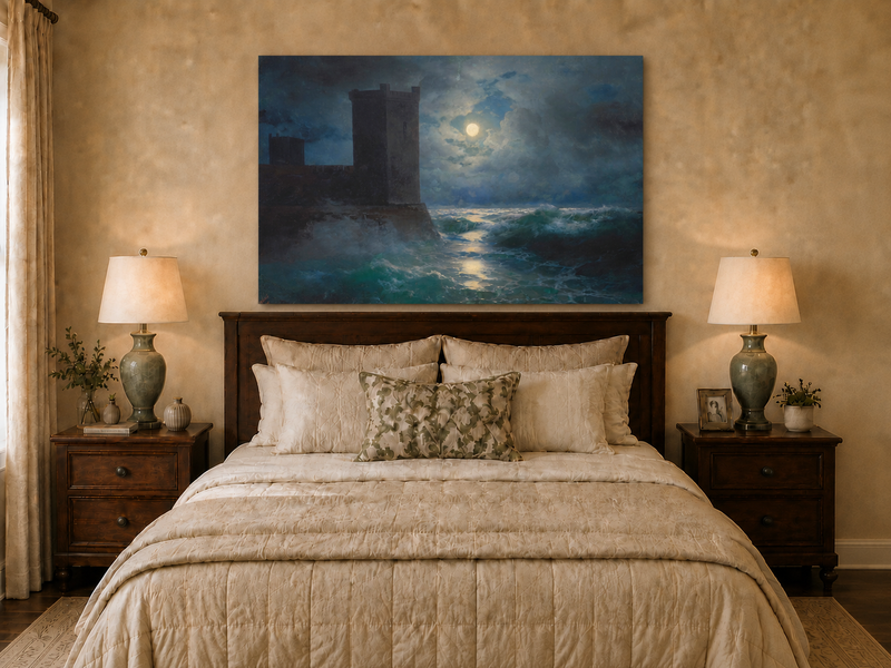 Hand-painted moonlit sea and coastal castle landscape oil painting displayed above a bed in a bedroom interior.