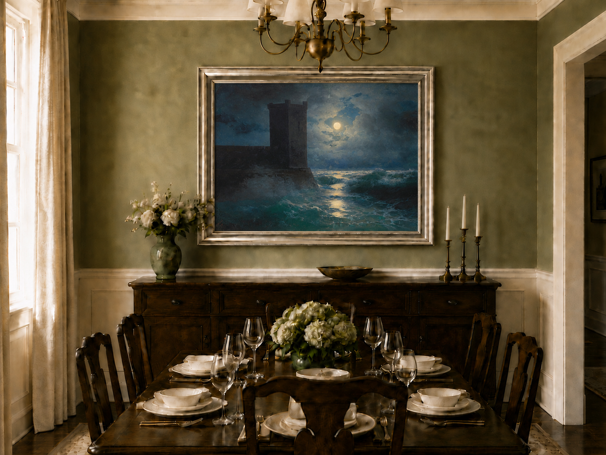 Hand-painted moonlit sea and coastal castle landscape oil painting displayed in a dining room interior.