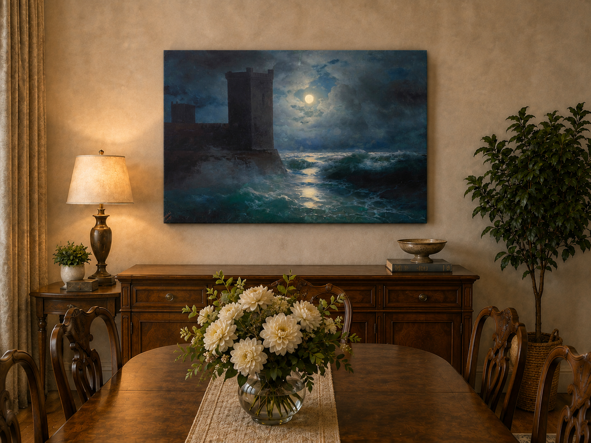 Hand-painted moonlit sea and coastal castle landscape oil painting displayed in a dining room interior.