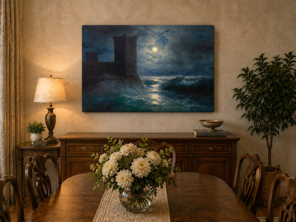 Hand-painted moonlit sea and coastal castle landscape oil painting displayed in a dining room interior.