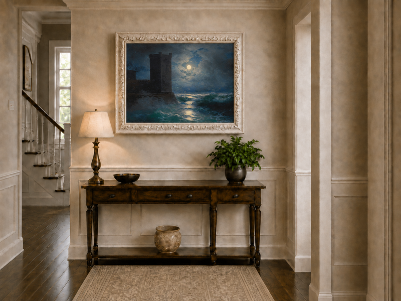 Hand-painted moonlit sea and coastal castle landscape oil painting displayed above a console table in a hallway interior.