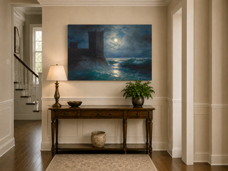 Hand-painted moonlit sea and coastal castle landscape oil painting displayed above a console table in a hallway interior.